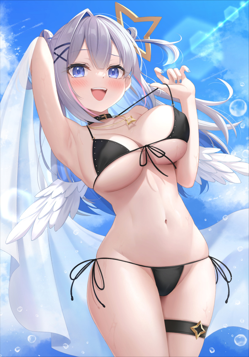 1girl :d alternate_breast_size amane_kanata angel_wings arm_up armpits bikini black_bikini black_choker blue_eyes blue_hair blue_nails blue_sky blush breasts choker cloud colored_inner_hair day grey_hair hair_bun hair_ornament highres holding_shawl hololive jewelry keikei_(kitty_colors) large_breasts lens_flare long_hair multicolored_hair navel necklace outdoors pulled_by_self shawl side-tie_bikini_bottom sky smile solo star_(symbol) star_hair_ornament stomach strap_pull sunlight swimsuit thigh_strap thighs virtual_youtuber wings