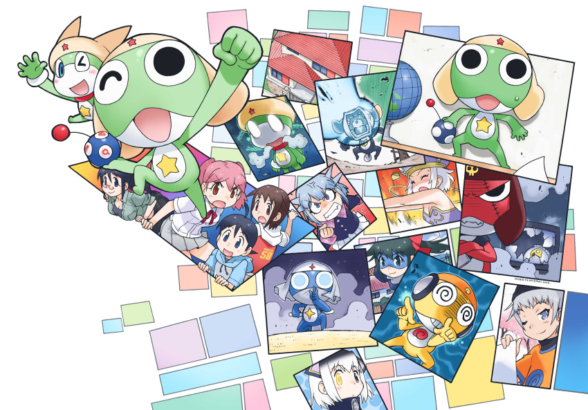 absurdres angol_mois azumaya_koyuki black_hair blue_hair brown_hair dororo_(keroro_gunsou) frog giroro glasses grey_hair hat headphones highres hinata_aki hinata_fuyuki hinata_natsumi keroro keroro_gunsou kururu_(keroro_gunsou) long_hair looking_at_viewer mask new_keroro_(keroro_gunsou) nishizawa_momoka official_art one_eye_closed pink_hair short_hair star_(symbol) tamama yoshizaki_mine