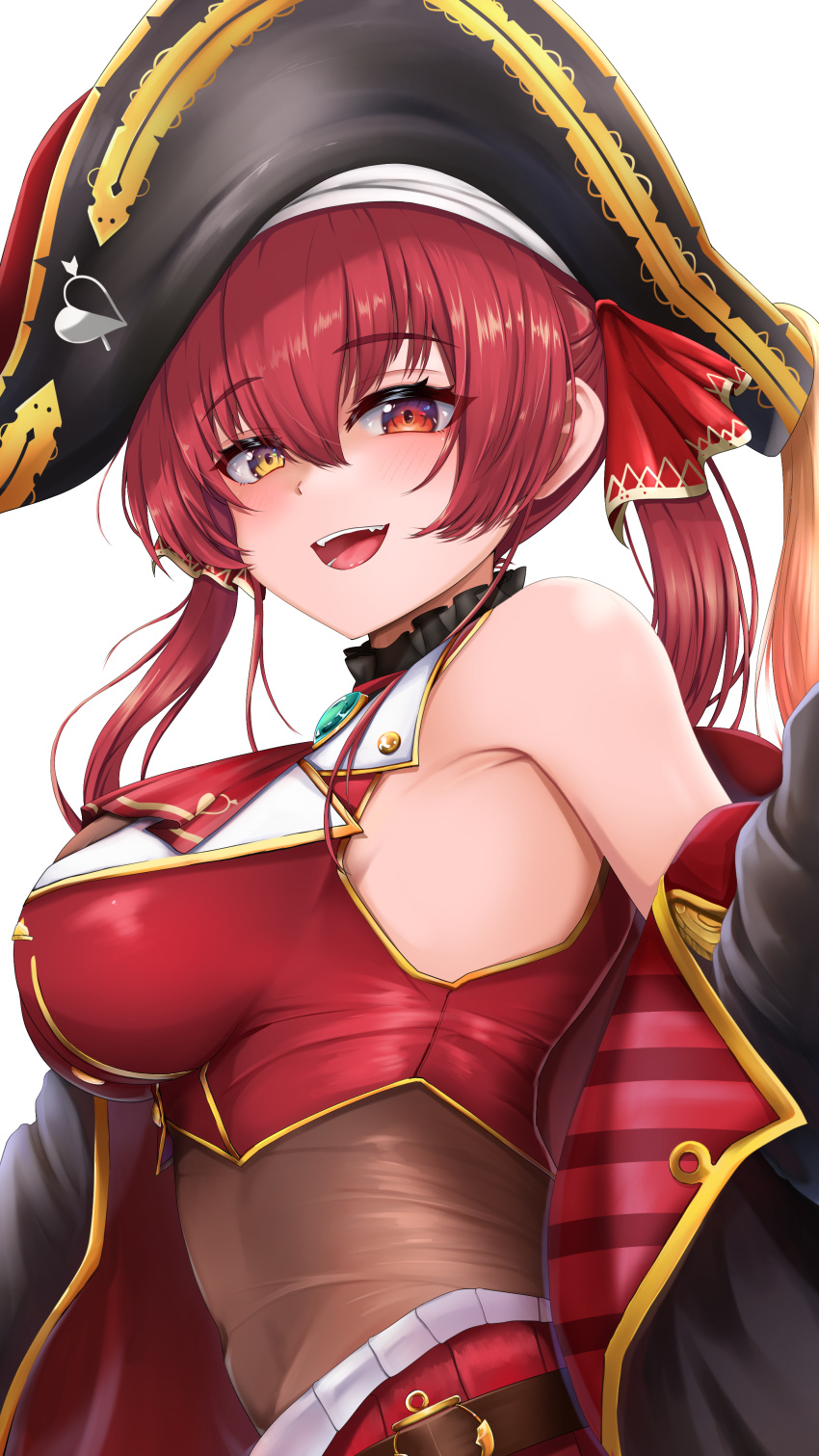 1girl absurdres arrow_through_heart ascot belt black_choker black_coat black_headwear breasts brown_belt choker coat cropped_jacket frilled_choker frills hachi7515 hair_ribbon hat heterochromia highres hololive houshou_marine houshou_marine_(1st_costume) jacket large_breasts leather_belt leotard leotard_under_clothes long_hair looking_at_viewer miniskirt open_mouth pirate_hat red_ascot red_coat red_eyes red_hair red_jacket red_ribbon red_skirt ribbon skirt sleeveless sleeveless_jacket smile solo twintails two-sided_coat two-sided_fabric virtual_youtuber yellow_eyes