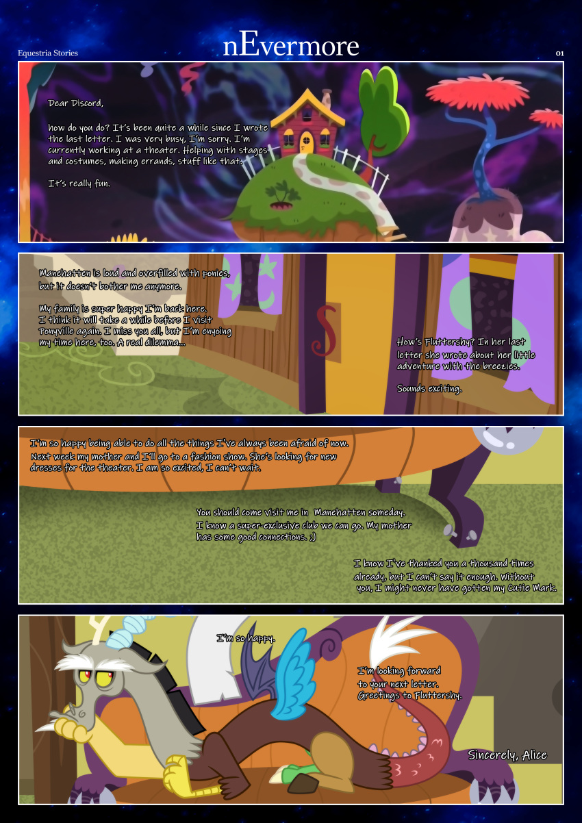absurd_res anthro black_border border bored bored_expression building chaos chimera curtains curtains_open dialogue discord_(mlp) door door_handle draconequus estories fence floating_island friendship_is_magic furniture hasbro hi_res house inside male mammal my_little_pony no_cutiemark outside plant sofa solo tree white_fence