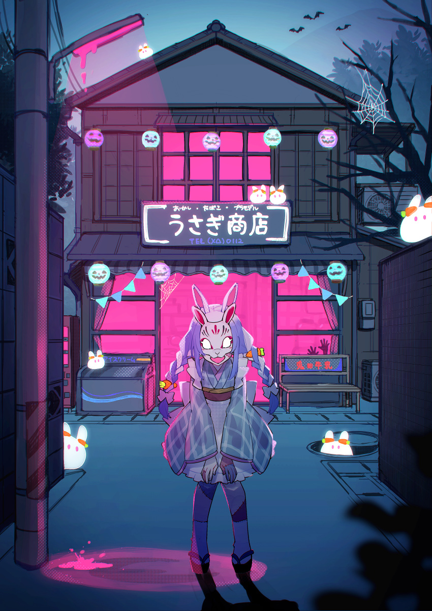 1girl absurdres animal_ears apron bare_tree blue_hair blue_kimono braid building carrot_hair_ornament chiyomaru_(yumichiyo0606) food-themed_hair_ornament full_body hair_ornament highres hololive japanese_clothes kimono lamppost lantern leaning_forward manhole mask multicolored_hair night outdoors pekomon_(usada_pekora) rabbit_ears rabbit_mask silk solo spider_web standing stitched_arm stitched_leg stitches string_of_flags translation_request tree twin_braids two-tone_hair usada_pekora virtual_youtuber white_apron white_hair