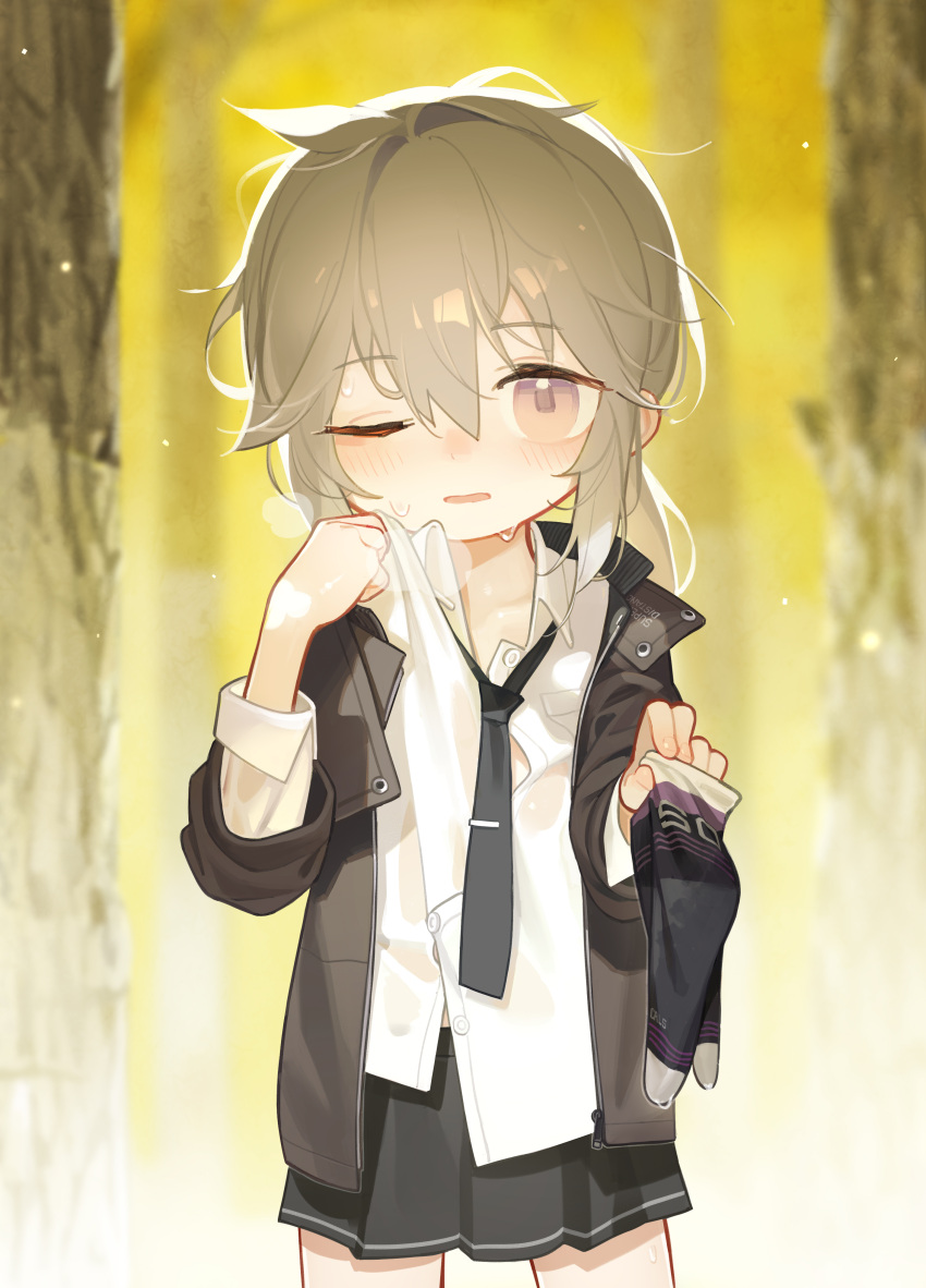 1girl absurdres aged_down black_necktie black_skirt blurry blurry_background blush breath brown_jacket chinese_commentary collar_tug collarbone commentary_request cowboy_shot flat_chest girls'_frontline grey_hair hand_up highres holding holding_clothes holding_legwear jacket light_particles long_hair long_sleeves looking_at_viewer loose_clothes loose_necktie loose_shirt low_ponytail m200_(girls'_frontline) messy_hair miniskirt necktie one_eye_closed open_clothes open_jacket open_mouth partially_unbuttoned purple_eyes shirt skirt socks solo straight-on sweat tianliang_duohe_fangdongye tie_clip tree variant_set wet wet_clothes wet_socks wiping_sweat yellow_background