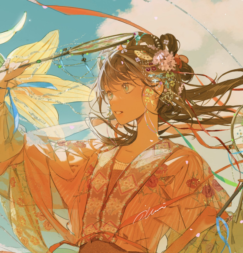 1girl artist_name brown_hair cloud earrings green_eyes hair_between_eyes highres holding illumi999 japanese_clothes jewelry kimono light_particles long_hair looking_ahead original outdoors parted_lips sidelocks signature sky solo traditional_clothes upper_body
