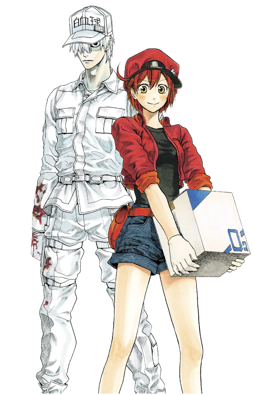 1boy 1girl ae-3803 ahoge arms_at_sides baseball_cap belt black_eyes black_shirt blood blood_on_clothes blood_on_hands blue_shorts blush box breast_pocket breasts cabbie_hat cardboard_box clenched_hand closed_mouth clothes_writing cropped_jacket denim denim_shorts empty_eyes fanny_pack feet_out_of_frame frown full_body gloves hair_between_eyes hair_over_one_eye hat hataraku_saibou height_difference highres holding holding_box jacket light_frown looking_at_viewer non-web_source official_art open_clothes open_jacket package pale_skin pocket red_bag red_belt red_blood_cell_(hataraku_saibou) red_hair red_headwear red_jacket sanpaku shaded_face shimizu_akane_(artist) shirt short_hair short_shorts short_sleeves shorts simple_background small_breasts smile socks solo standing t-shirt taut_clothes taut_shirt u-1146 uniform v-shaped_eyebrows white_background white_belt white_blood_cell_(hataraku_saibou) white_gloves white_hair white_headwear white_shirt yellow_eyes