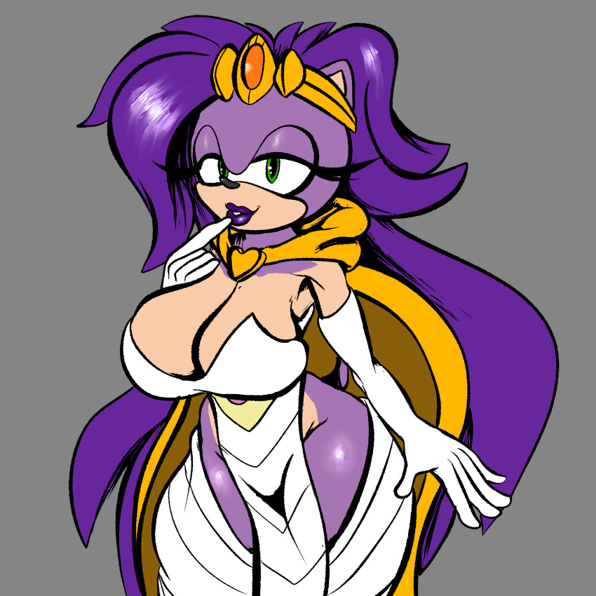 absurd_res anthro big_breasts breasts cape cleavage clothed clothing crown dress eulipotyphlan female general_godzilla gloves green_eyes hair handwear headgear hedgehog hi_res huge_breasts lipstick long_hair makeup mammal purple_hair purple_lipstick queen_aleena_hedgehog sega solo sonic_the_hedgehog_(series) sonic_underground tiara