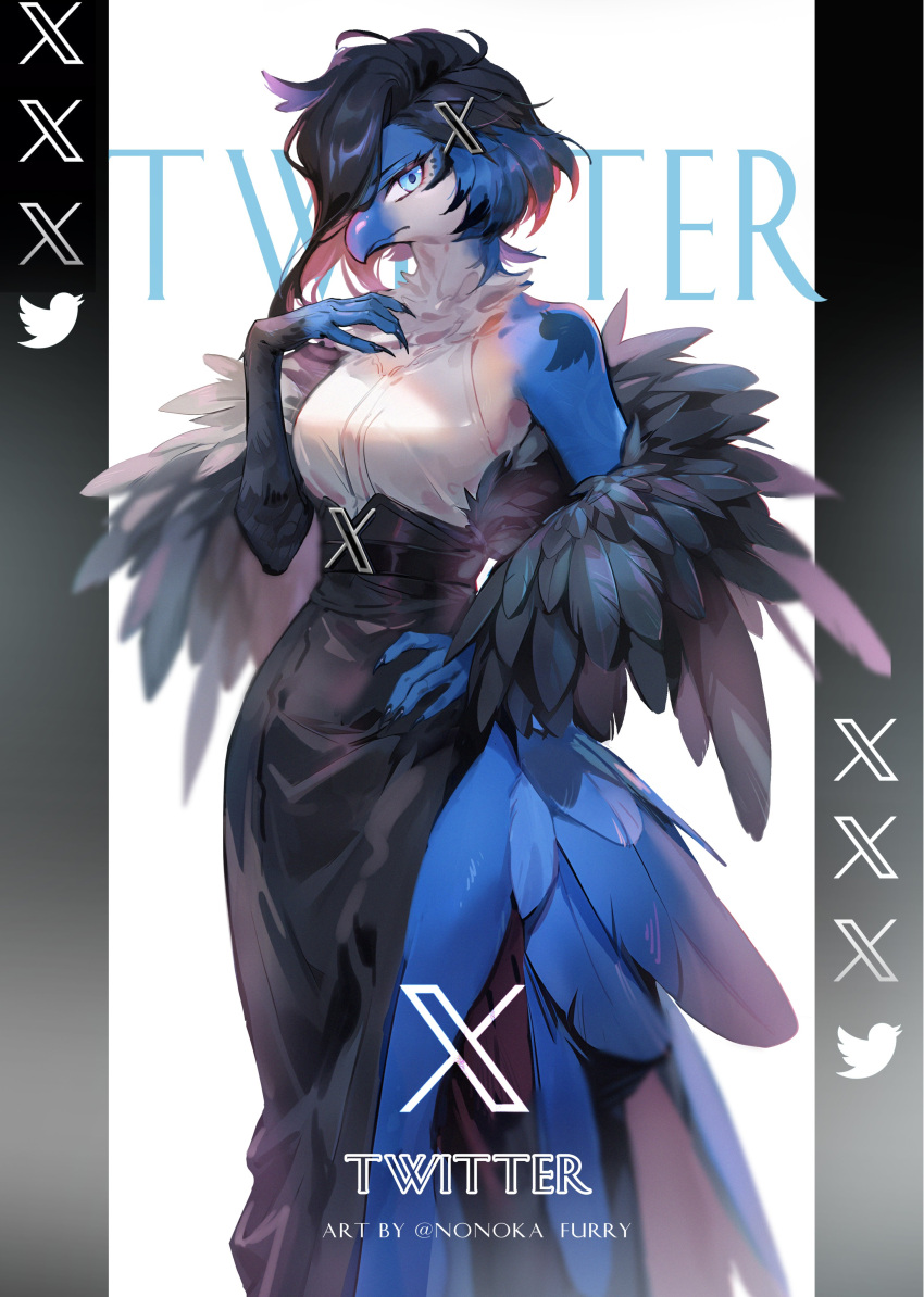 absurd_res anthro black_body black_feathers black_hair blue_body blue_eyes blue_feathers breasts claws clothed clothing feathers female finger_claws hair hi_res looking_at_viewer looney_tunes meme nonoka917 simple_background solo tweetfur tweety_bird twitter warner_brothers