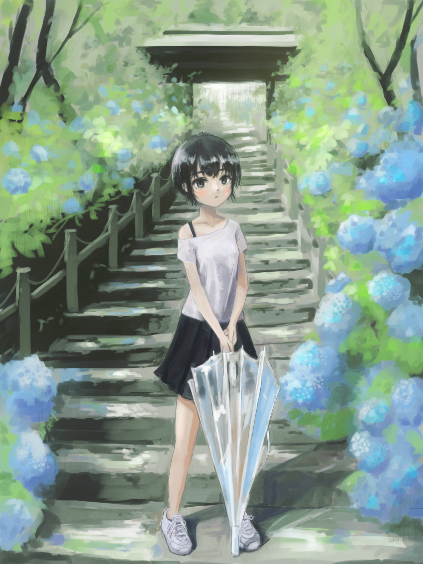 1girl absurdres black_eyes black_hair black_skirt blue_flower flower full_body highres holding holding_umbrella hydrangea looking_at_viewer okura_lino original scenery shirt short_hair skirt solo stairs standing transparent transparent_umbrella umbrella white_footwear white_shirt