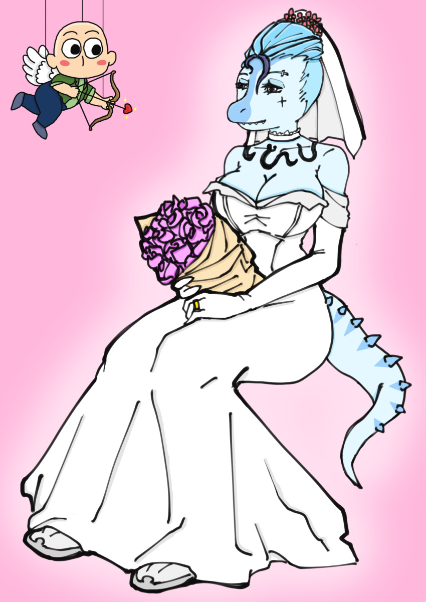 anon_(snoot_game) anthro blue_body bouquet breasts chibi cleavage clothed clothing cupid digit_ring dress duo eyebrow_piercing facial_piercing female flower flower_bouquet goodbye_volcano_high hi_res human jewelry male mammal nick_(gvh) piercing plant ring sharp_teeth sitting snoot_game spiked_tail spikes spikes_(anatomy) tail tattoo teeth unknown_artist wedding_dress wedding_ring wings