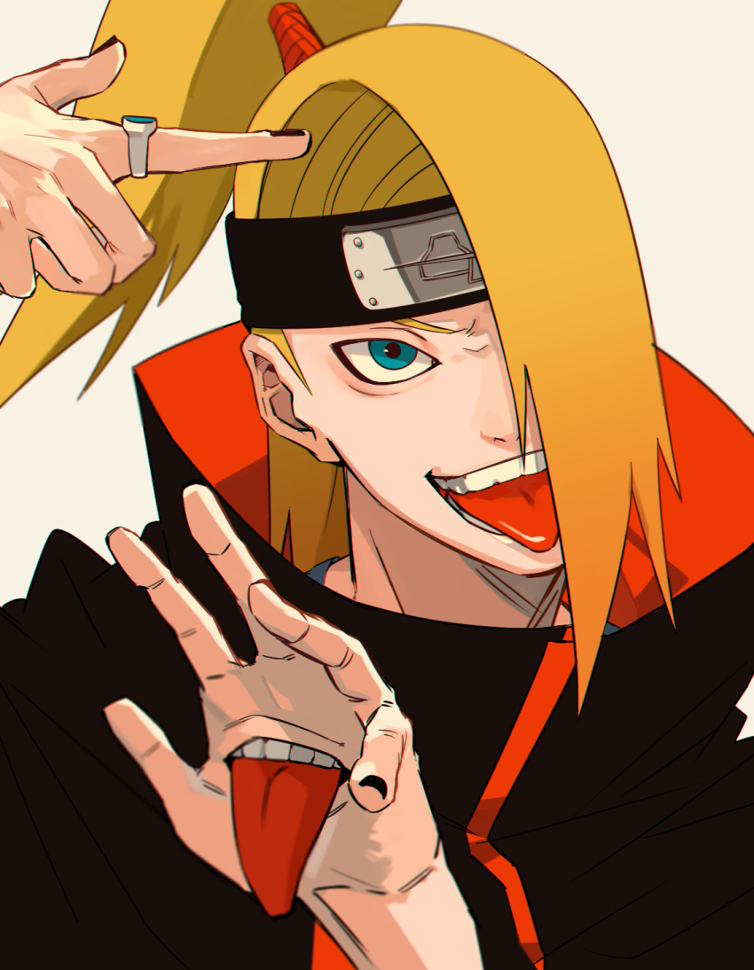 1boy akatsuki_uniform black_headband black_nails blonde_hair blue_eyes deidara_(naruto) extra_mouth finger_gun finger_gun_to_head hand_mouth headband highres jewelry male_focus mirin_(coene65) nail_polish naruto_(series) ponytail ring simple_background solo teeth tongue tongue_out white_background