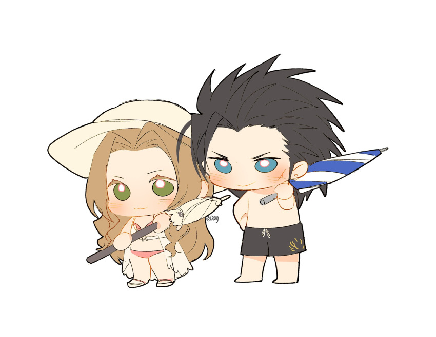1boy 1girl aerith_gainsborough barefoot bikini black_shorts blue_eyes blush chibi closed_mouth commentary cross_scar duoj_ji final_fantasy final_fantasy_vii final_fantasy_vii_ever_crisis full_body green_eyes hair_pulled_back hand_on_own_hip hat highres holding holding_umbrella holding_weapon long_hair official_alternate_costume parted_bangs pink_bikini sandals scar scar_on_cheek scar_on_face shorts smile spiked_hair standing stomach straw_hat swimsuit symbol-only_commentary topless_male twitter_username umbrella weapon white_background zack_fair