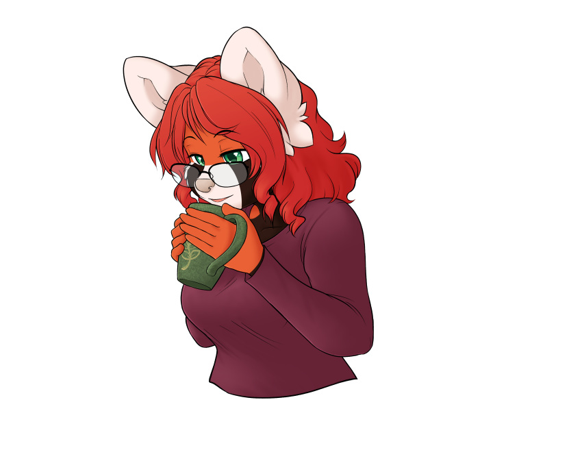 2022 absurd_res ailurid alpha_channel anthro beverage biped breasts clothed clothing eyebrows facial_markings female green_eyes hair half-closed_eyes half-length_portrait head_markings hi_res holding_beverage holding_mug holding_object malachyte mammal markings mug muzzle_(marking) narrowed_eyes open_mouth pink_nose portrait red_body red_hair red_panda shirt snout snout_markings solo topwear white_ears white_markings