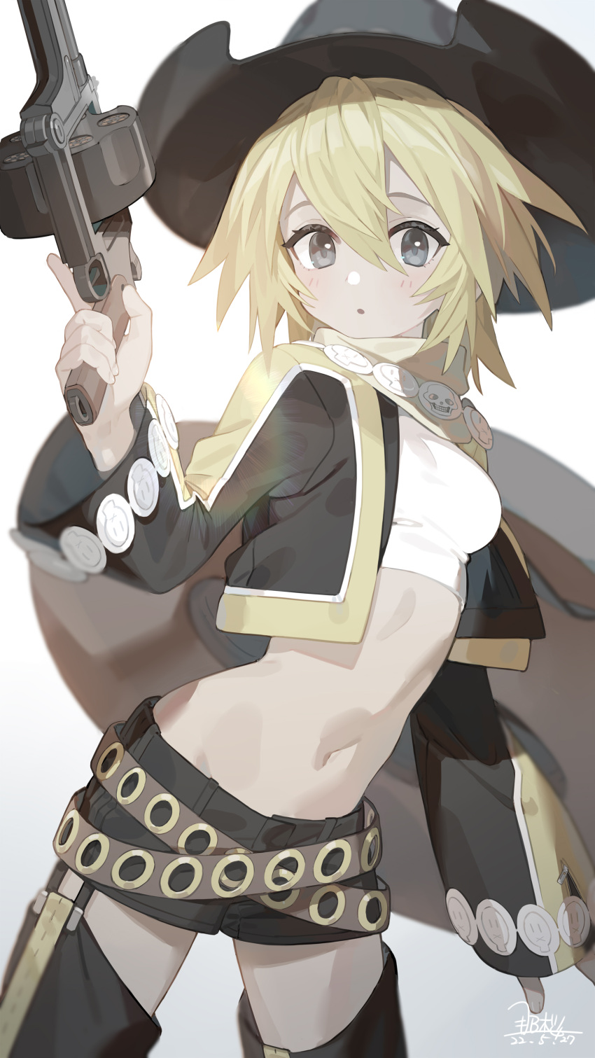 1girl absurdres belt black_headwear black_shorts blonde_hair breasts chaps cowboy_hat crop_top dated gradient_background gun hair_between_eyes hat highres holding holding_gun holding_weapon jacket long_sleeves looking_at_viewer medium_breasts midriff nao_(syn_eaa) open_clothes open_jacket parted_lips short_shorts shorts signature simple_background solo sonolar summon_night summon_night_3 weapon