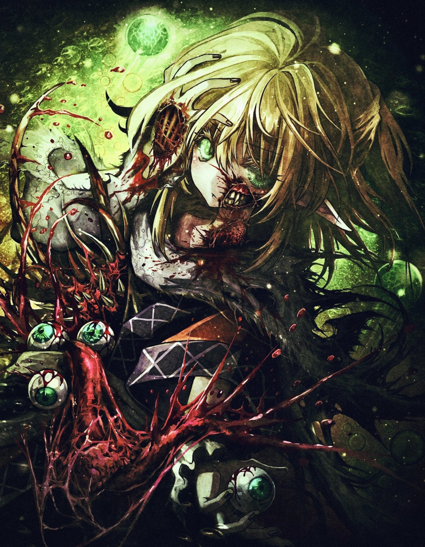 1girl arm_warmers blonde_hair blood blood_on_arm blood_on_face blood_stain exposed_bone exposed_muscle frills glasgow_smile green_eyes guro hair_between_eyes highres holding holding_eyeball injury looking_at_viewer medium_hair mizuhashi_parsee monster multicolored_shirt orb pointy_ears scarf sharp_teeth shirt short_sleeves solo teeth touhou white_scarf yu-ki_iwata