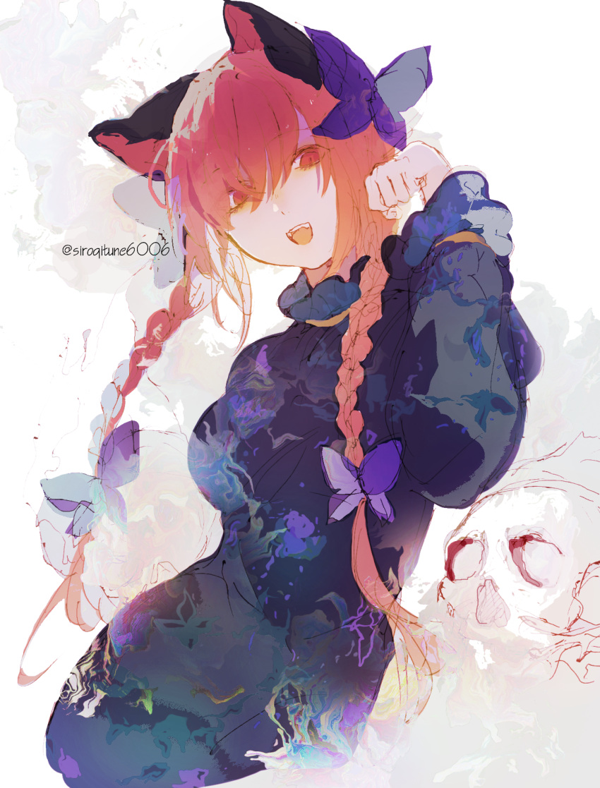 1girl animal_ears artist_name black_bow blue_bow blush bow braid breasts cat_ears commentary_request contrapposto cowboy_shot cropped_legs dark_blue_dress dress eyes_visible_through_hair fangs floral_print frills grey_background grey_dress hair_between_eyes hair_bow hair_over_eyes hair_ribbon hand_up happy highres juliet_sleeves kaenbyou_rin kn001215 long_hair long_sleeves looking_at_viewer low_twin_braids medium_breasts nose_blush open_mouth paw_pose puffy_sleeves purple_bow red_eyes red_hair ribbon simple_background skull solo swept_bangs teeth touhou tress_ribbon twin_braids twisted_torso twitter_username upper_teeth_only very_long_hair white_background