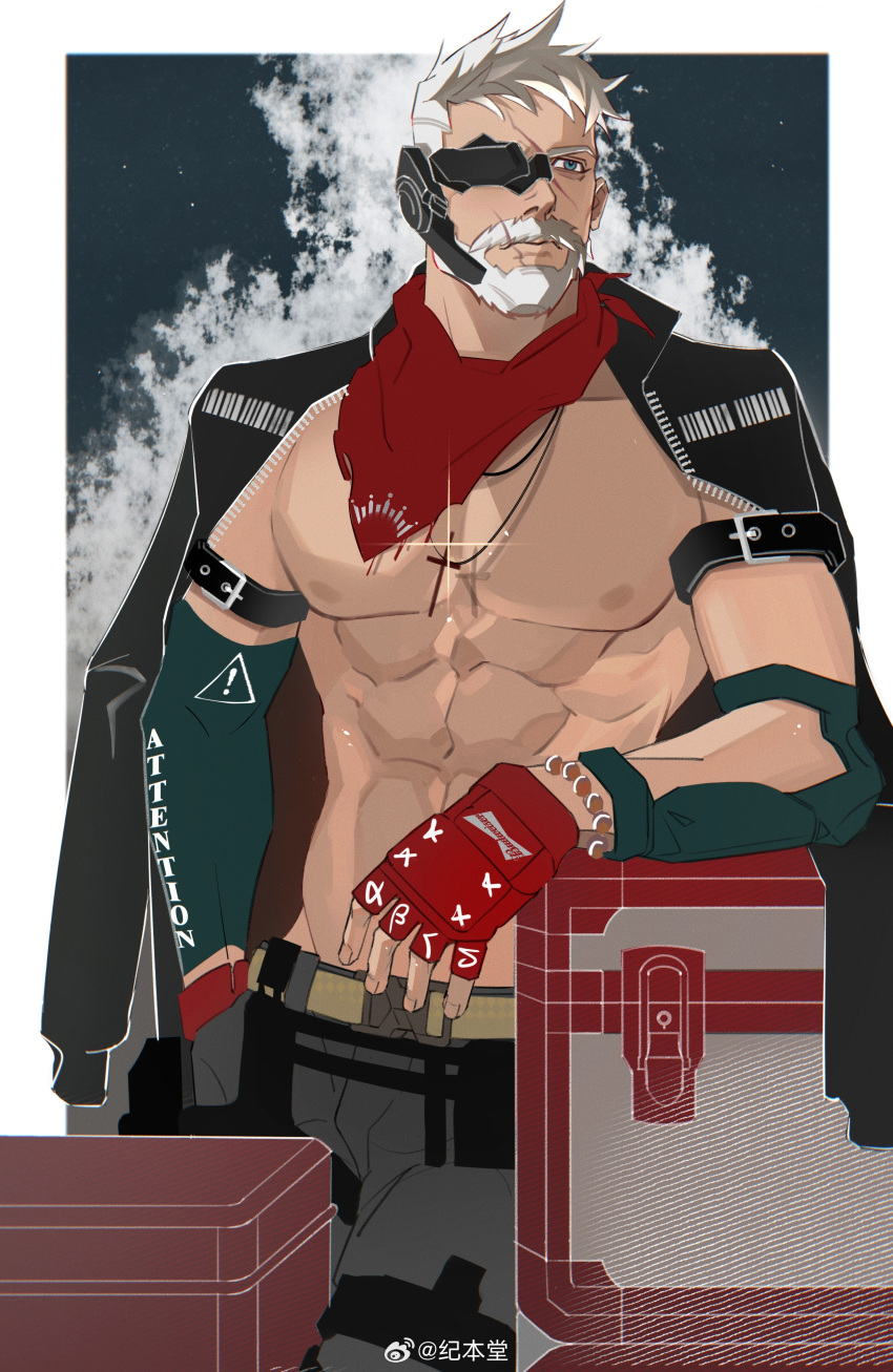 1boy absurdres alternate_costume bara bare_pectorals beard box cross cross_necklace facial_hair feet_out_of_frame glint highres jacket jacket_on_shoulders jewelry large_pectorals looking_to_the_side lucas_(lee37124) male_focus mature_male muscular muscular_male navel necklace nipples no_shirt old old_man overwatch pectorals scar short_hair soldier:_76_(overwatch) solo thick_eyebrows