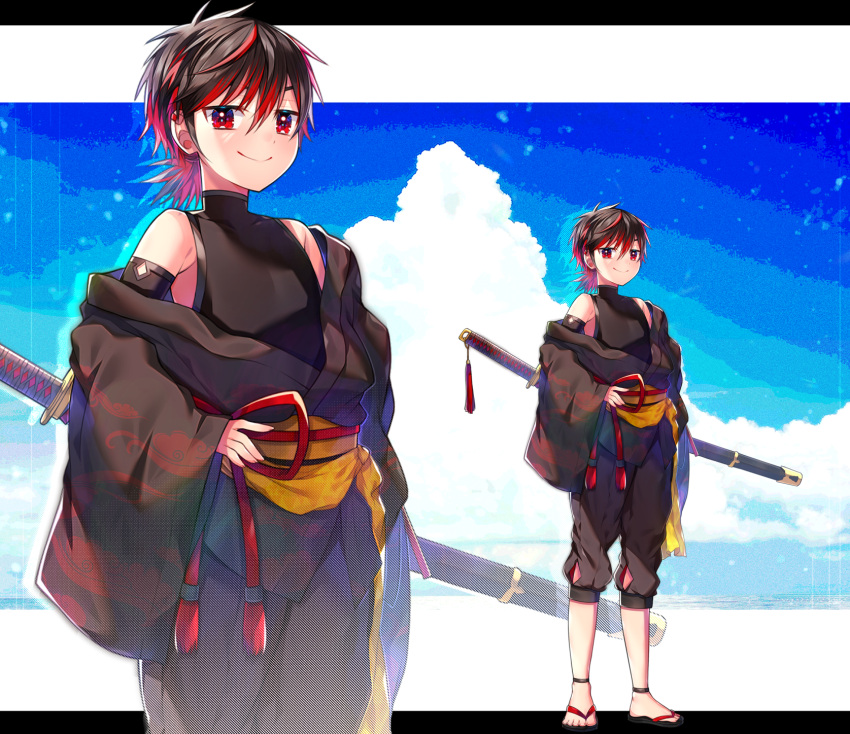 1boy akirannu black_footwear black_hair black_kimono black_shirt black_shorts closed_mouth cloud cloudy_sky ear_piercing full_body hair_between_eyes hand_on_own_hip highres japanese_clothes katana kimono letterboxed looking_at_viewer low_ponytail male_focus multicolored_hair obi obijime original outside_border piercing red_eyes red_hair sandals sash sheath sheathed shirt short_kimono short_ponytail shorts sky sleeveless sleeveless_shirt sleeves_past_wrists smile solo standing sword tassel two-tone_hair weapon wide_sleeves zoom_layer