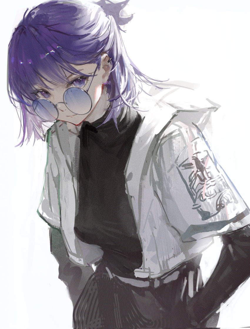 1girl andreana_(arknights) andreana_(silent_arrow)_(arknights) arknights belt black_pants black_shirt commentary earrings hands_in_pockets highres jacket jewelry long_sleeves looking_at_viewer official_alternate_costume pants purple-tinted_eyewear purple_eyes purple_hair shijiubashuazi shirt short_ponytail simple_background solo symbol-only_commentary tinted_eyewear upper_body white_background white_belt white_jacket