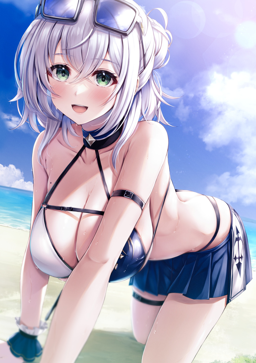 1girl absurdres arm_strap bikini blue_bikini blue_skirt blue_sky blush breasts cleavage cloud eyewear_on_head glasses green_eyes grey_hair highres hololive kamishiro_mai_(capti-no) large_breasts looking_at_viewer medium_hair mole mole_on_breast open_mouth shirogane_noel skirt sky smile solo swimsuit teeth two-tone_bikini upper_teeth_only virtual_youtuber white_bikini