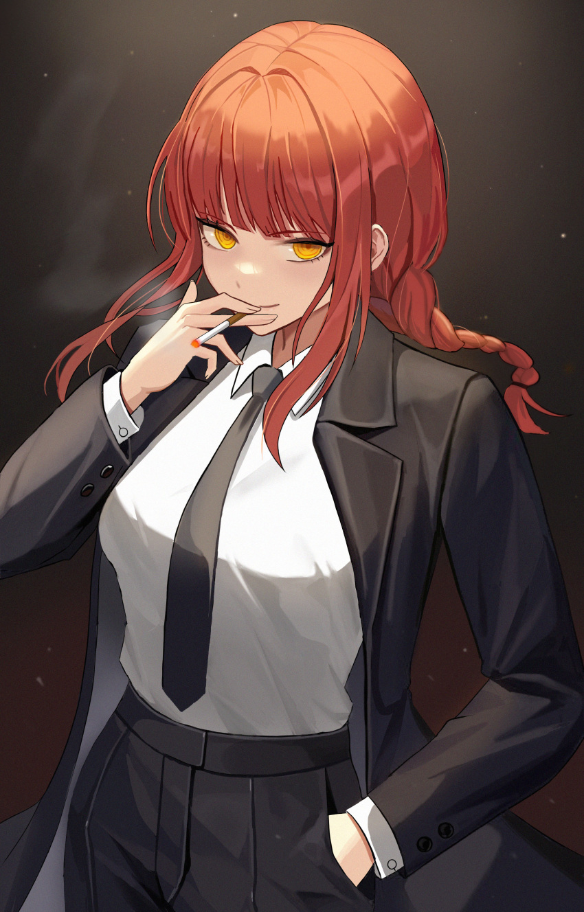 1girl absurdres black_coat black_necktie black_pants braid braided_ponytail business_suit chainsaw_man cigarette coat collared_shirt commentary formal hand_in_pocket high-waist_pants highres holding holding_cigarette long_sleeves makima_(chainsaw_man) medium_hair necktie pants red_hair ringed_eyes shirt shirt_tucked_in sidelocks smile smoking solo soyeong suit white_shirt yellow_eyes