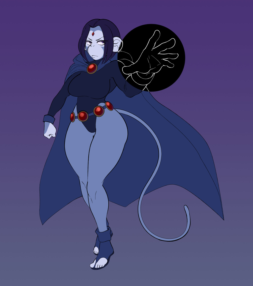 absurd_res anthro big_ears breasts cape clothing dc_comics feet female forehead_gem fur grey_body grey_fur hair haplorhine hi_res humanoid humanoid_feet kareca magic mammal monkey open_toe_footwear plantigrade primate purple_background purple_hair raven_(dc) simple_background solo tail