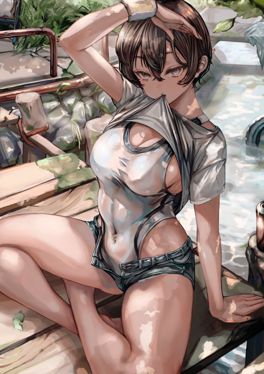 1girl absurdres barefoot biting biting_clothes black_hair breasts bridge cleavage clothes_lift covered_navel hair_between_eyes highres indian_style lifted_by_self looking_at_viewer one-piece_swimsuit original outdoors shirt_lift short_hair shorts sitting soleil_(soleilmtfbwy03) solo stream swimsuit teeth white_eyes white_one-piece_swimsuit wristband