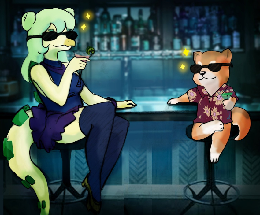 alcohol aloha_shirt alternate_body_type alternate_costume alternate_hairstyle anthro barefoot barroom beverage bottomwear breasts canid canine canis clothing cocktail_glass colored container cup dinosaur doge dogelore domestic_dog drinking_glass duo eyewear feet female footwear furniture glass glass_container glass_cup goodbye_volcano_high green_body green_scales hair hair_bun hi_res larger_female legwear long_hair long_tail male mammal meme minabaudelair ornithischian pattern_clothing pattern_shirt pattern_topwear reptile scales scalie screencap screencap_background semi-anthro shirt shoes sitting size_difference skirt smaller_male snoot_game snout sparkles stegosaurian stegosaurus stella_(gvh) stockings stool sunglasses tail thyreophoran topwear