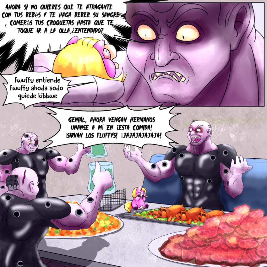 1:1 baby_talk blonde_hair cage chaos_space_marine cooked corpse dialogue female feral fluffy_pony food fur glass group hair hi_res human imminent_vore inshi male mammal meat pink_body pink_fur plate purple_body purple_skin slaanesh_mark spanish_text text