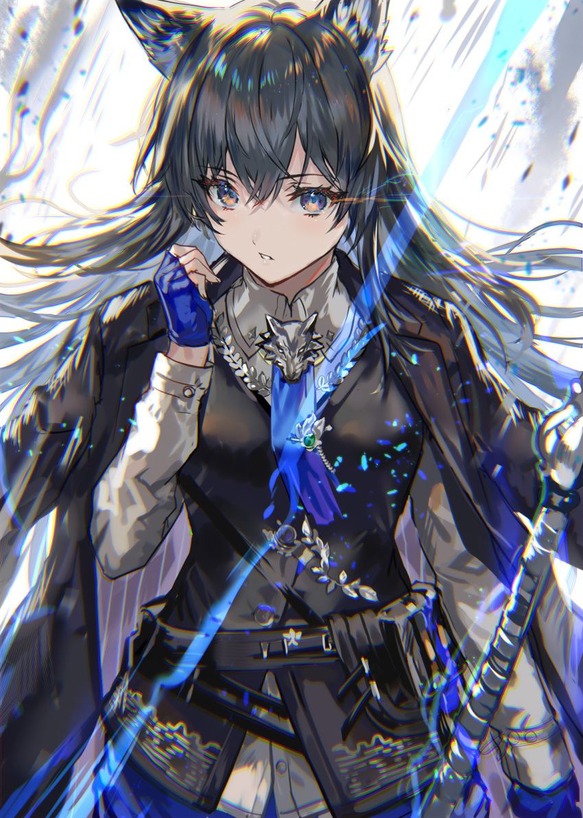 1girl animal_ears arknights black_hair black_jacket blue_eyes blue_gloves commentary_request fingerless_gloves gloves hand_up highres jacket jacket_on_shoulders long_hair long_sleeves looking_at_viewer parted_lips ran'ou_(tamago_no_kimi) solo tagme texas_(arknights) texas_the_omertosa_(arknights)
