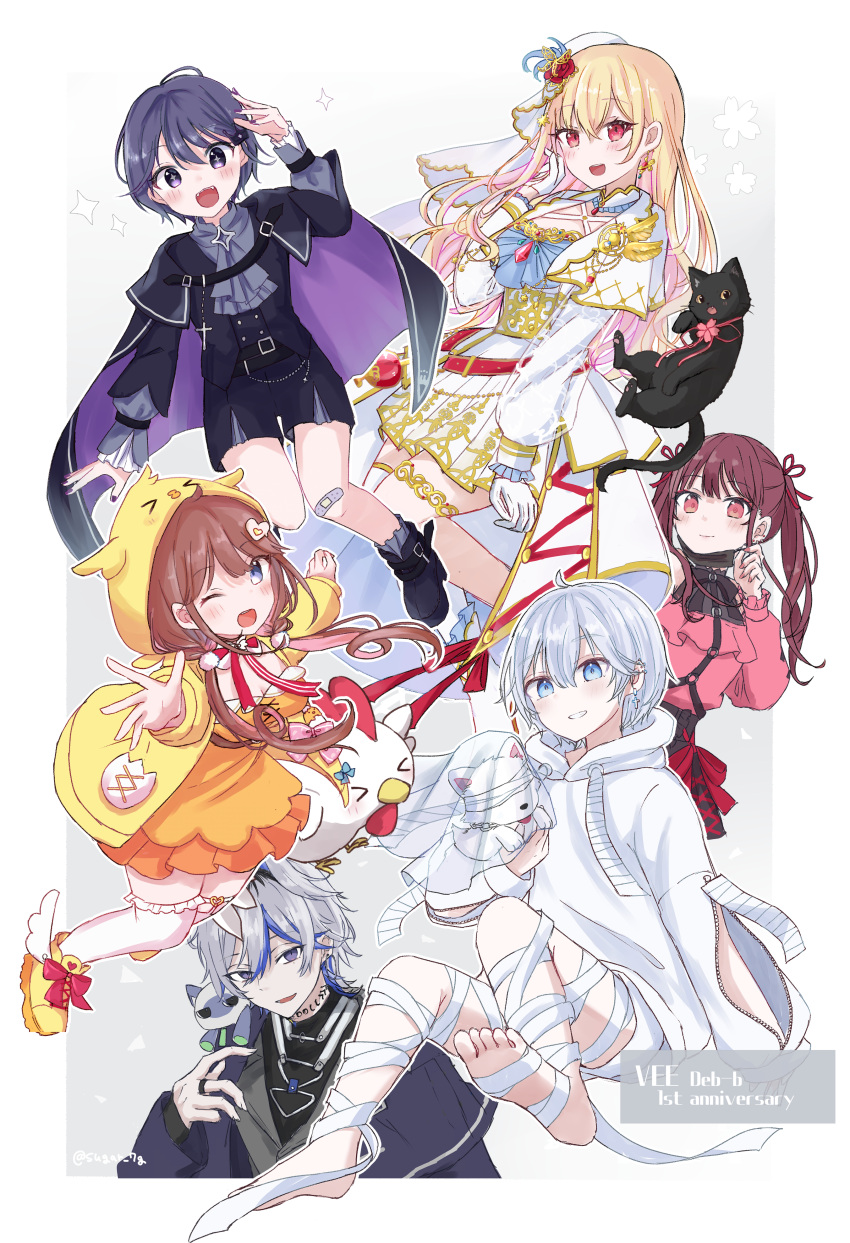 2boys 4girls absurdres asymmetrical_legwear audrey_mina bandaged_horn bandaged_leg bandages bat_hair_ornament belt bird_costume bird_hood bow collar crown_hair_ornament egg_hair_ornament food-themed_hair_ornament hair_ornament hat highres hiyori_chihiyo jacket light_brown_hair mew_garcia mini_hat mismatched_legwear multicolored_bow multiple_boys multiple_girls oshiro_ito pink_shirt red_belt red_jacket sazanami_toa shindouji_ako shirt stuffed_chicken sugar_7g vee_(vtuber) virtual_youtuber white_collar yellow_jacket