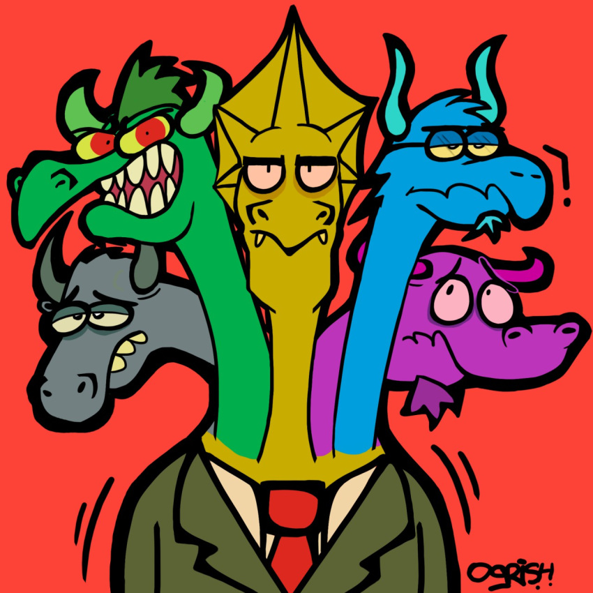 2_horns 5_heads ambiguous_gender angry anthro clothed clothing conjoined dragon dress_shirt eyewear facial_hair fangs glasses group hi_res hiram_mcdaniels horn hydra lidded_eyes looking_at_viewer multi_head necktie nervous ogrish shirt suit_jacket teeth topwear welcome_to_night_vale