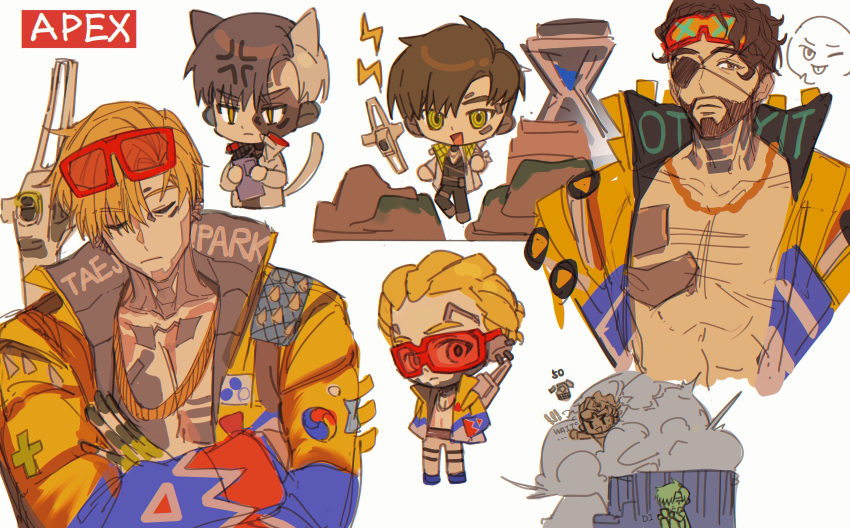 2boys absurdres alternate_hairstyle animal_ears apex_legends bare_pectorals black_pants cat_ears cat_tail chain chibi chinese_commentary clipboard closed_eyes crossed_arms crypto_(apex_legends) dreadlocks eyepatch frown goggles goggles_on_head gold_chain grey_jacket highres holding holding_clipboard hype_beast_crypto jacket lit_witt_mirage male_focus mirage_(apex_legends) multiple_boys non-humanoid_robot official_alternate_costume one_eye_covered open_clothes open_jacket pants pectorals robot scar scar_across_eye short_hair sitting sketch smile smoke sunglasses t.t.t tail v-shaped_eyebrows whitelisted_crypto yellow_jacket