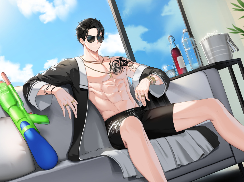 1boy bare_legs bare_pectorals bare_shoulders black_coat black_hair black_male_swimwear blue_eyes blue_sky bottle bracelet bucket chaise_longue chulsoo_kim_(closers) closers coat couch cup cushion day drink drinking_glass dutch_angle feet_out_of_frame floral_print forehead highres ice ice_bucket ice_cube indoors jewelry leaf legs_apart long_sleeves looking_at_viewer male_swimwear navel necklace off_shoulder official_art on_couch open_clothes open_coat open_window pectorals ring short_hair shoulder_tattoo sitting sky smile soda_bottle solo stomach sunglasses swept_bangs swim_trunks table tattoo toned toned_male water_bottle water_gun window