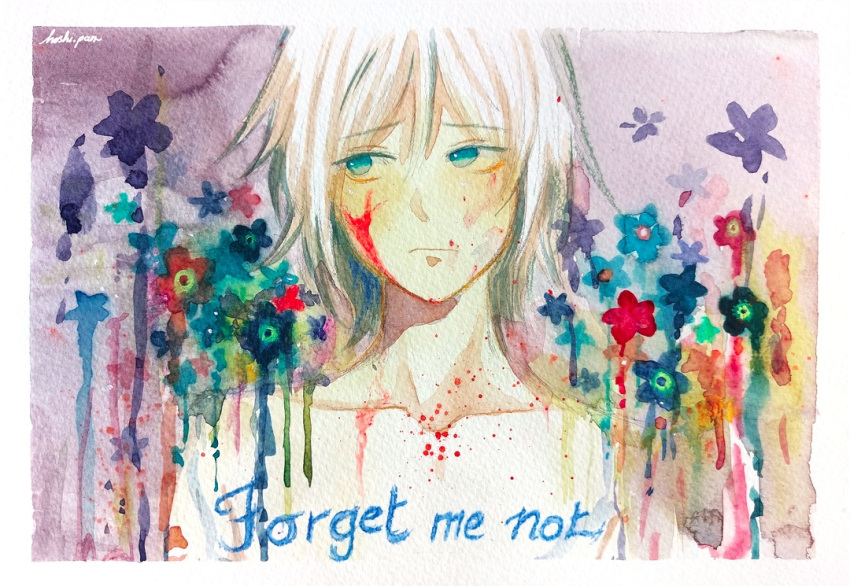 1boy artist_name bare_shoulders blood blood_on_face blue_eyes blue_flower border closed_mouth collarbone commentary dripping english_commentary english_text floral_background flower forget-me-not_(flower) frown hoshi-pan looking_to_the_side open_clothes open_shirt original painting_(medium) purple_background red_flower shirt short_hair solo straight-on traditional_media upper_body watercolor_(medium) white_border white_hair white_shirt