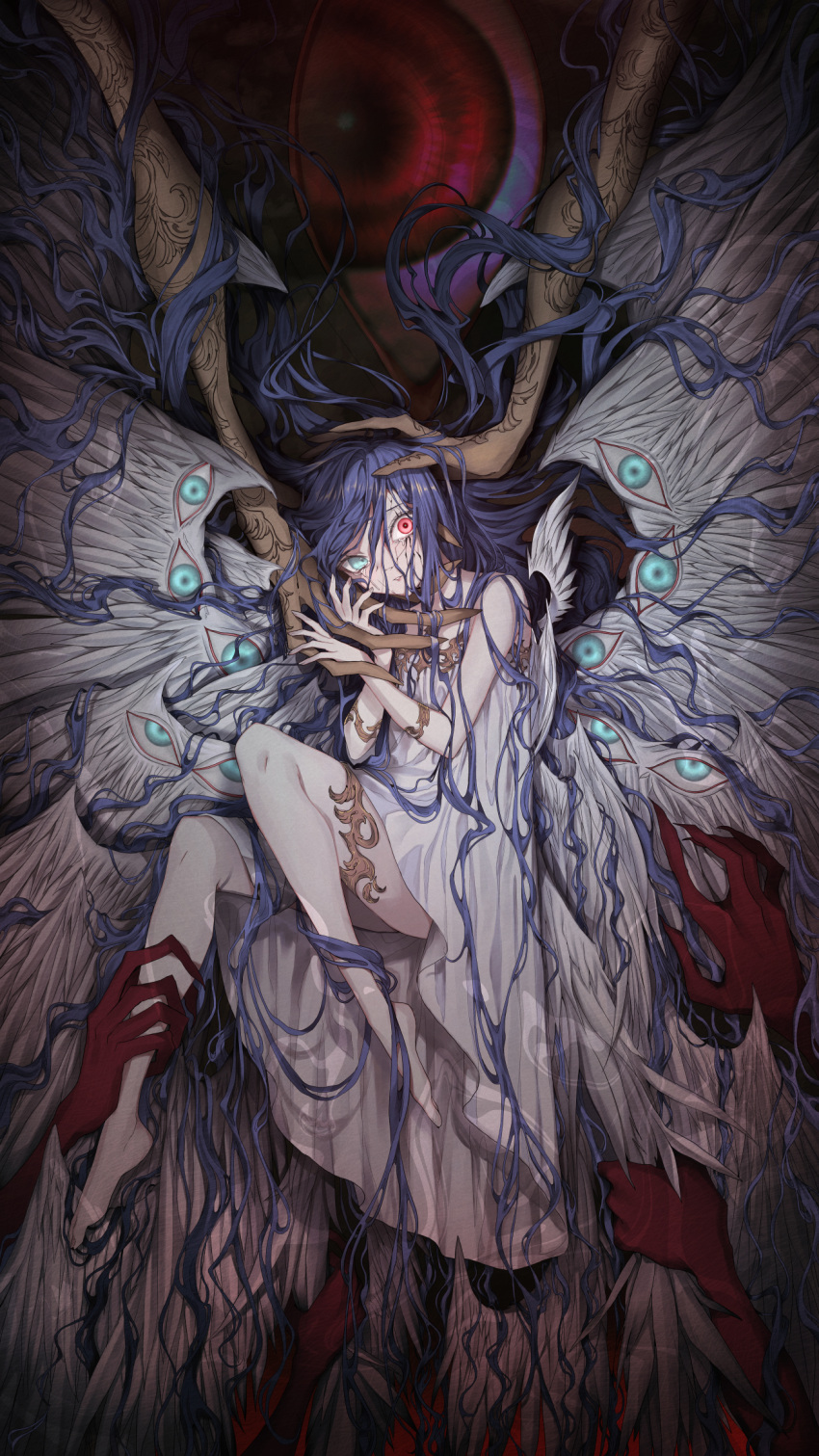 1girl angel_wings armlet barefoot blue_eyes chocolate4170615 claws cracked_skin crying crying_with_eyes_open disembodied_eye dress full_body gold_trim grabbing_another's_wing hand_on_another's_chin hand_on_another's_head heterochromia highres knees_up leg_grab long_hair looking_at_viewer messy_hair multiple_wings original out_of_frame parted_lips purple_hair red_eyes sleeveless sleeveless_dress swept_bangs tears thighlet uneven_eyes very_long_hair wavy_hair white_dress white_wings wings