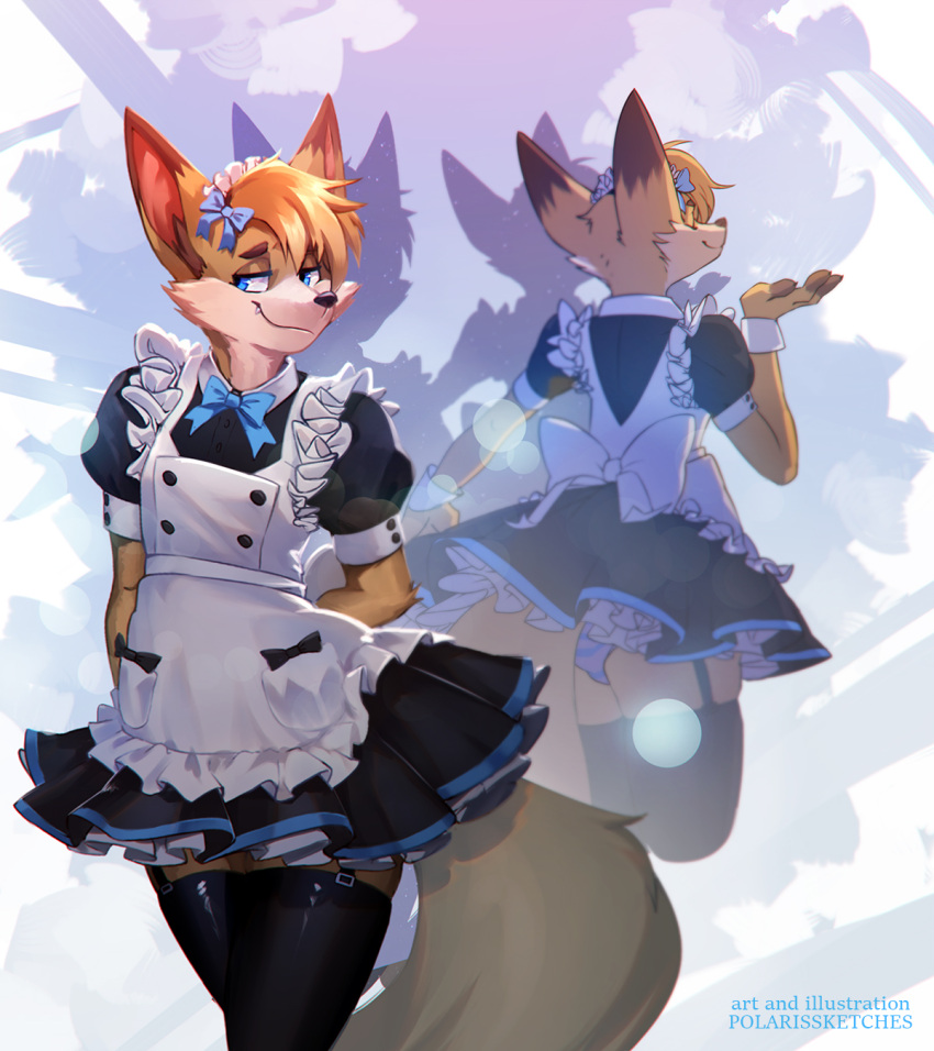 anthro blue_eyes bottomwear canid canine clothing fennec fox fur garter_straps hi_res legwear maid_apron maid_uniform male mammal orange_body orange_fur panties pattern_bottomwear pattern_clothing pattern_panties pattern_underwear polarissketches solo striped_bottomwear striped_clothing striped_panties striped_underwear stripes underwear uniform