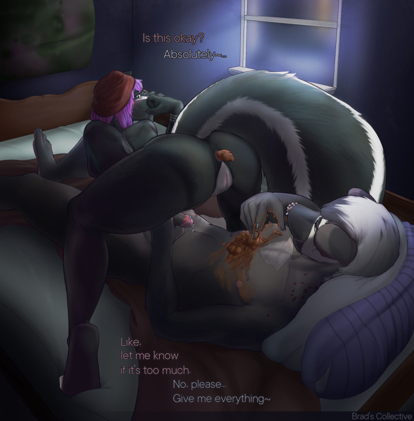 2022 5_fingers anthro anthro_on_anthro ass_up beanie bed bedding bedroom black_body black_fur blanket brad's_collective breasts butt_in_face chest_tuft circumcised clothing crouching detailed_background dialogue digital_media_(artwork) duo english_text feces feces_on_body feces_on_hand feces_pile feet female fingers fluffy fluffy_tail fur furniture genital_piercing genitals hand_on_face hat hat_only head_on_pillow headgear headgear_only headwear headwear_only hi_res high-angle_view humanoid_feet humanoid_genitalia humanoid_penis humanoid_pussy hyena inside looking_back lying male male/female mammal markings masturbation mephitid mostly_nude navel nipples nude on_back on_bed pattern_clothing penile penile_masturbation penis penis_piercing piercing plantigrade pooping poster pussy raised_tail rear_view scat signature skunk smearing striped_clothing striped_markings striped_tail stripes tail tail_markings teran text touching_feces tuft window