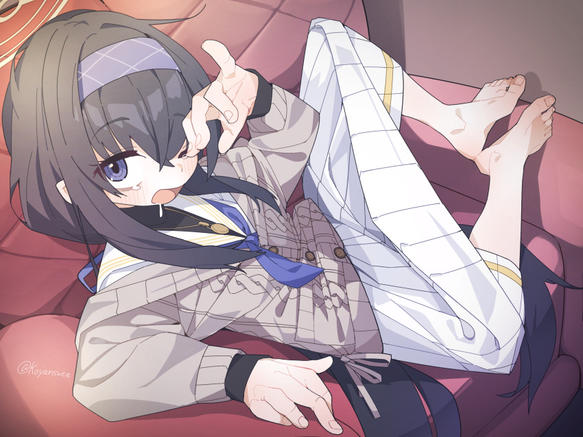 1girl barefoot blue_archive blue_eyes blue_hairband blue_neckerchief blush commentary_request couch crossed_bangs drooling dutch_angle eyelashes feet full_body grey_jacket hairband halo highres indoors jacket knees_apart_feet_together koyansuee leaning_back long_hair long_sleeves neckerchief open_mouth pleated_skirt rubbing_eyes sailor_collar shirt sidelocks sitting skirt solo tears toenails toes twitter_username ui_(blue_archive) white_shirt white_skirt yawning