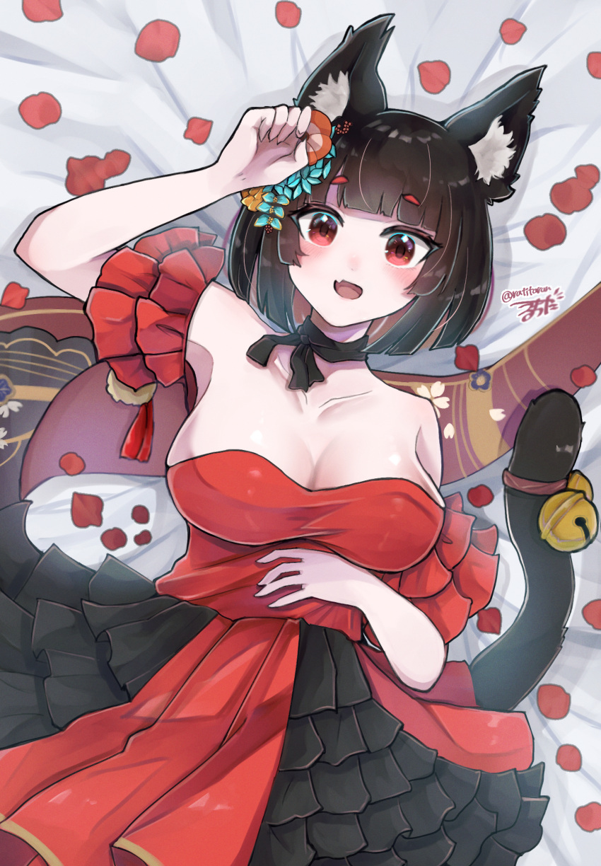 1girl animal_ear_fluff animal_ears armpits azur_lane bell blunt_bangs blush breasts cat_ears cat_girl cat_tail cleavage dress evening_gown fang frilled_dress frills from_above hair_ornament highres large_breasts lying mismatched_eyebrows official_alternate_costume on_back open_mouth paw_pose petals red_dress red_eyes ruchita short_hair skin_fang tail tail_bell tail_ornament yamashiro_(azur_lane) yamashiro_(dressy_black_cat)_(azur_lane)