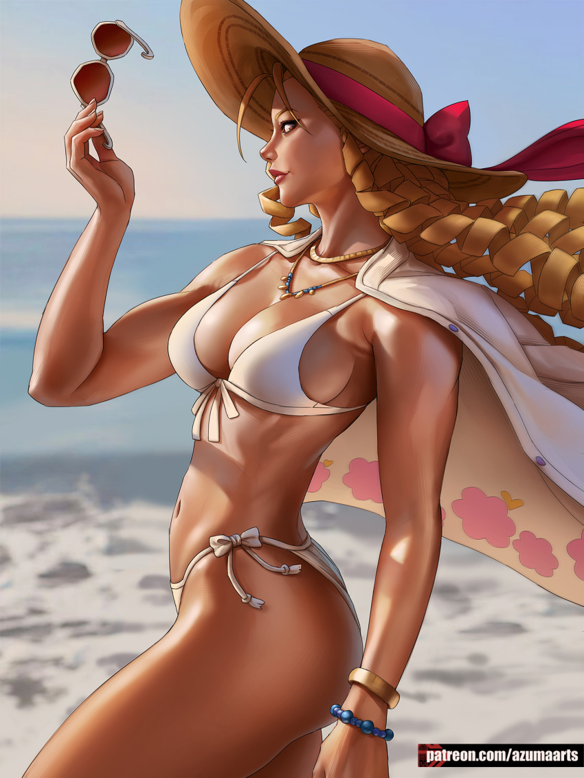 1girl antenna_hair azuma_yasuo bead_necklace beads biceps bikini blonde_hair blurry blurry_background bracelet breasts brown_eyes cape cleavage commentary day depth_of_field english_commentary from_side front-tie_bikini_top front-tie_top hat hat_ribbon highres holding holding_removed_eyewear jewelry kanzuki_karin lips long_hair looking_at_viewer medium_breasts multiple_bracelets navel necklace nose ocean official_alternate_costume patreon_username ribbon ringlets side-tie_bikini_bottom sideboob sidelighting sideways_glance solo street_fighter street_fighter_v sun_hat sunglasses swimsuit tan thighs toned unworn_eyewear web_address white_bikini white_cape