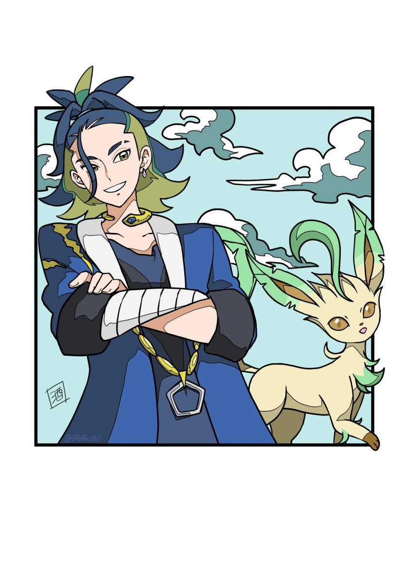 1boy 99akt1031 adaman_(pokemon) arm_wrap blue_coat border brown_eyes coat collar collarbone crossed_arms earrings eyebrow_cut grin highres jewelry leafeon male_focus pokemon pokemon_(creature) pokemon_(game) pokemon_legends:_arceus ponytail signature smile teeth white_border