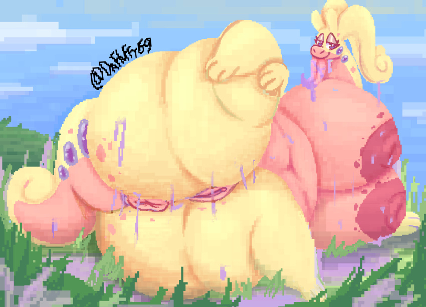 against_surface antennae_(anatomy) anthro anus bedroom_eyes belly big_belly big_breasts big_butt bodily_fluids breasts butt clitoris detailed_background digital_media_(artwork) dragon female field freckles_on_butt generation_6_pokemon genitals goodra grass half-closed_eyes hi_res huge_breasts huge_butt long_tongue looking_at_viewer lying male narrowed_eyes nintendo nipples nude on_back on_glass outside overweight overweight_male pink_body pixel_(artwork) plant pokemon pokemon_(species) puffy_anus purple_eyes pussy seductive shiny_pokemon slime smile solo spread_legs spreading tail thefluffyrey69 thick_thighs tongue tongue_out yellow_body