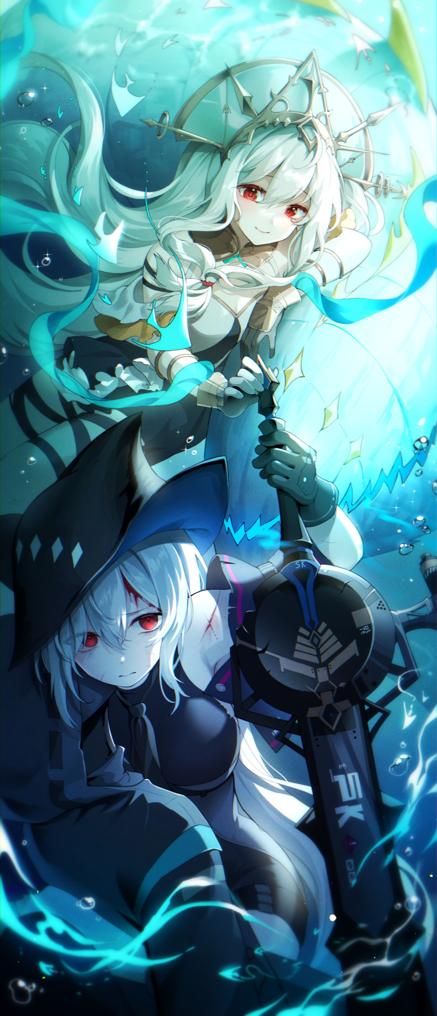 1other 2girls absurdres air_bubble ambiguous_gender angelfish arknights ascot black_ascot black_gloves black_headwear black_jacket black_shirt black_sleeves bleeding_from_forehead bracelet bubble closed_mouth commentary cuts doctor_(arknights) fish front_ponytail gloves grey_gloves highres holding holding_sword holding_weapon hood hood_up hooded_jacket injury jacket jewelry liretta long_hair multiple_girls official_alternate_costume phoenix_crown red_eyes shirt skadi's_seaborn_(arknights) skadi_(arknights) skadi_the_corrupting_heart_(arknights) skadi_the_corrupting_heart_(sublimation)_(arknights) sleeveless sleeveless_shirt smile sword underwater weapon white_hair