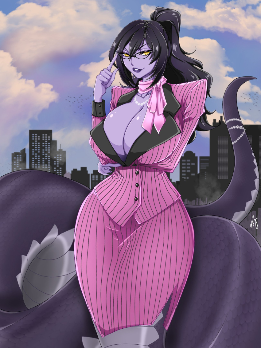 3:4 anthro apode big_breasts bottomwear breasts business_suit cleavage clothed clothing collar draconcopode eyelashes eyeliner eyewear female glasses hair hi_res huge_breasts jewelry lamia legless lipstick long_hair makeup mizenda_kitsune necklace office_lady purple_body purple_skin reptile scalie serpentine skirt snake solo split_form suit tail vexoria_the_sun_eater vtuber wide_hips yellow_eyes