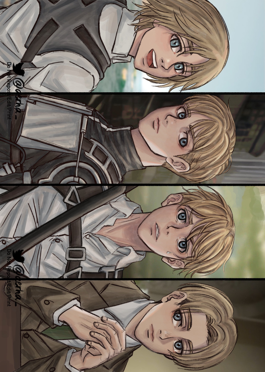 1boy absurdres aerha_(erha) age_progression armin_arlert artist_name blonde_hair blue_eyes blurry blurry_background commentary english_commentary highres looking_at_viewer male_focus outdoors own_hands_together shingeki_no_kyojin smile solo sweatdrop teeth twitter_logo