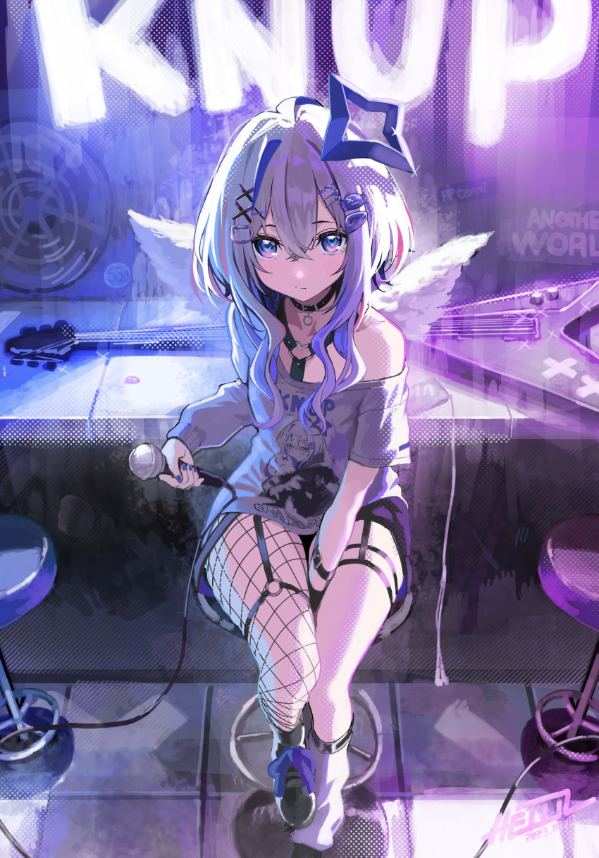 1girl absurdres amane_kanata amane_kanata_(6th_costume) bar_stool blue_hair casual choker closed_mouth colored_inner_hair electric_guitar expressionless fishnet_thighhighs fishnets grey_hair guitar hair_between_eyes hair_ornament hairclip highres hololive hz_(helu_2) instrument looking_at_viewer microphone multicolored_hair off_shoulder purple_eyes short_hair_with_long_locks signature single_fishnet_legwear single_thighhigh solo stool thigh_strap thighhighs virtual_youtuber x_hair_ornament
