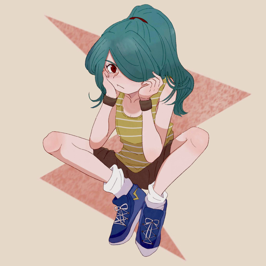 1boy blue_footwear brown_shorts closed_mouth collarbone dark_green_hair eyelashes fingernails frown hair_over_one_eye highres inazuma_eleven_(series) kazemaru_ichirouta light_brown_background lightning_bolt_symbol long_hair male_focus otoko_no_ko ponytail shorts sitting socks striped_tank_top tank_top uoixa white_socks wristband