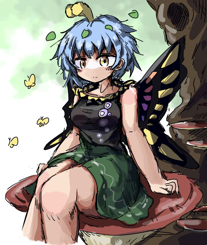 1girl alternate_breast_size antennae aqua_hair breasts bug butterfly butterfly_wings dress eternity_larva eye20806972 fairy green_dress hair_ornament highres leaf leaf_hair_ornament leaf_on_head multicolored_clothes short_hair short_sleeves sitting solo touhou wings yellow_eyes yellow_wings