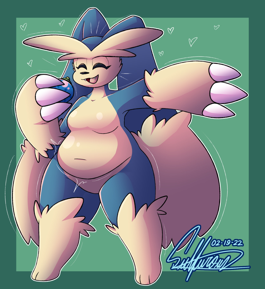 absurd_res anthro belly berry big_belly big_hands blue_body blue_fur breasts claws digital_drawing_(artwork) digital_media_(artwork) ears_back eyes_closed fakemon female food fruit fur fusion generation_1_pokemon generation_4_pokemon ghostlyfoxy hair hi_res hybrid lagomorph lopunny mammal multicolored_body multicolored_fur multicolored_hair nintendo open_mouth pivoted_ears plant pokemon pokemon_(species) pokemon_berry pokemon_fusion signature simple_background slightly_chubby smile snorlax solo tan_body tan_fur thick_thighs tongue tuft two_tone_body two_tone_fur two_tone_hair wide_hips