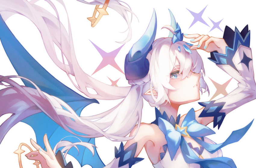 1girl blue_horns blue_wings demon_girl demon_horns elsword hair_ornament highres horns looking_at_viewer low_twintails luciela_r._sourcream noblesse_(elsword) pointy_ears tbsic twintails white_hair wings