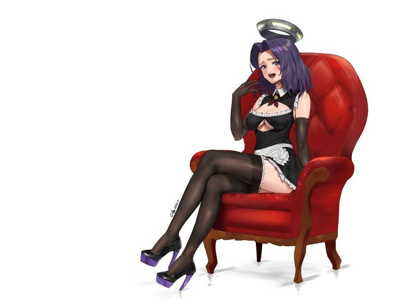 1girl absurdres alternate_costume apron bare_shoulders black_gloves breasts c-da chair cleavage cleavage_cutout clothing_cutout crossed_legs dated elbow_gloves frills full_body gloves halo high_heels highres kantai_collection large_breasts looking_at_viewer mechanical_halo medium_hair open_mouth purple_eyes purple_hair signature simple_background sitting solo tatsuta_(kancolle) thighhighs waist_apron white_apron white_background